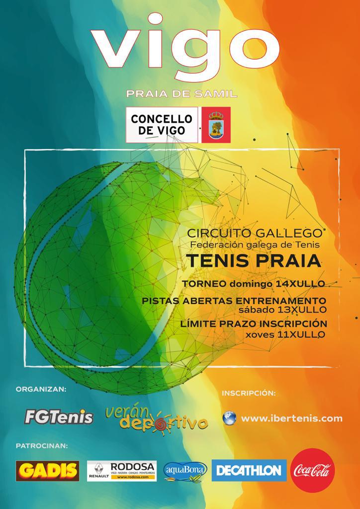 Cartel del Torneo Tenis Praia Samil. Circuito Tenis Praia 2019 FGTenis