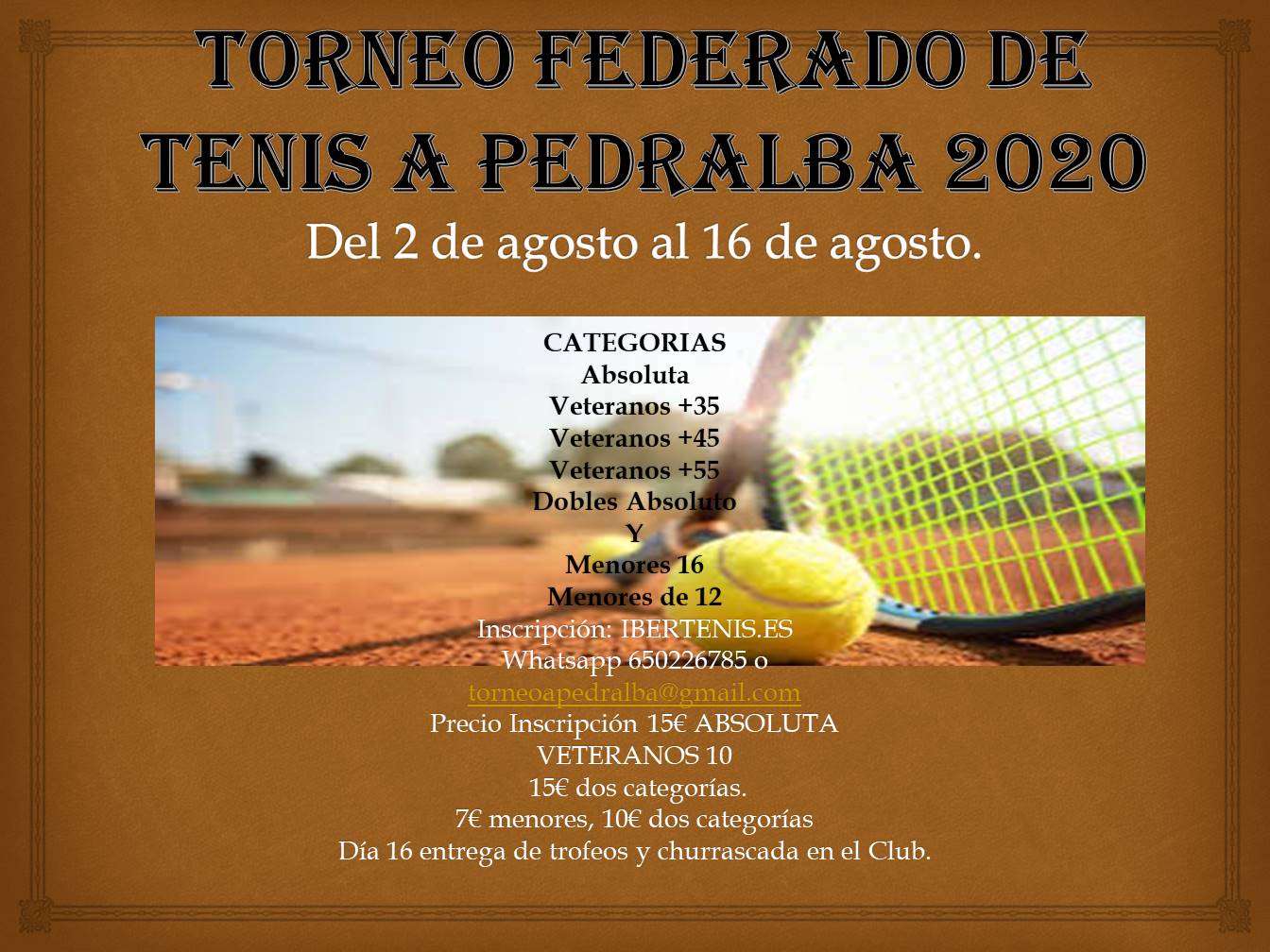 Cartel del Torneo Federado de tenis A Pedralba 2020